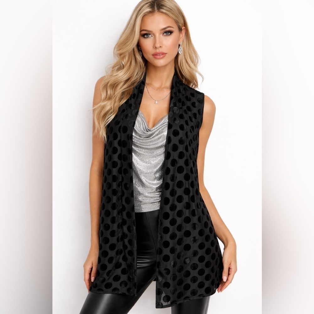 Susan Graver Women’s Black Vest Size Small Sheer W/velvet Polka Dots Sleeveless